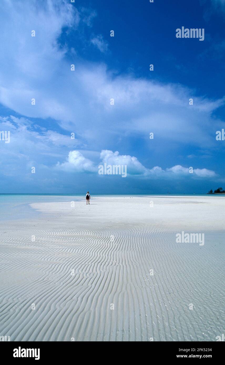 White Sands Beach con una sola persona a piedi, al corrente, Eleuthera Nord, Bahamas Foto Stock