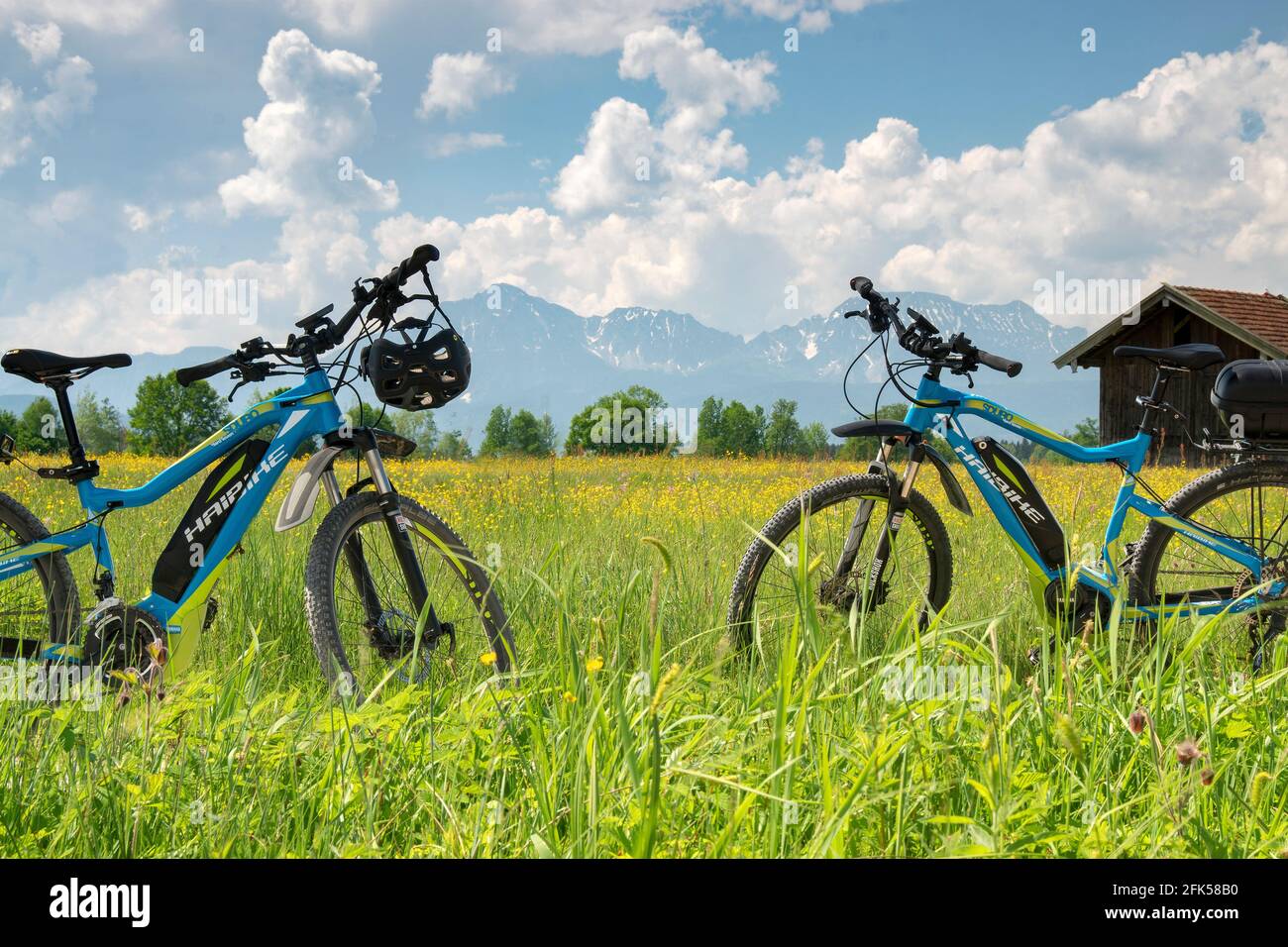 Mit dem e-Bike auf den für Fahrrädern freigegebenen Feldwegen durch Das LBV-Schutzgebiet Haarmoos (Landesbund für Vogelschutz) Foto Stock