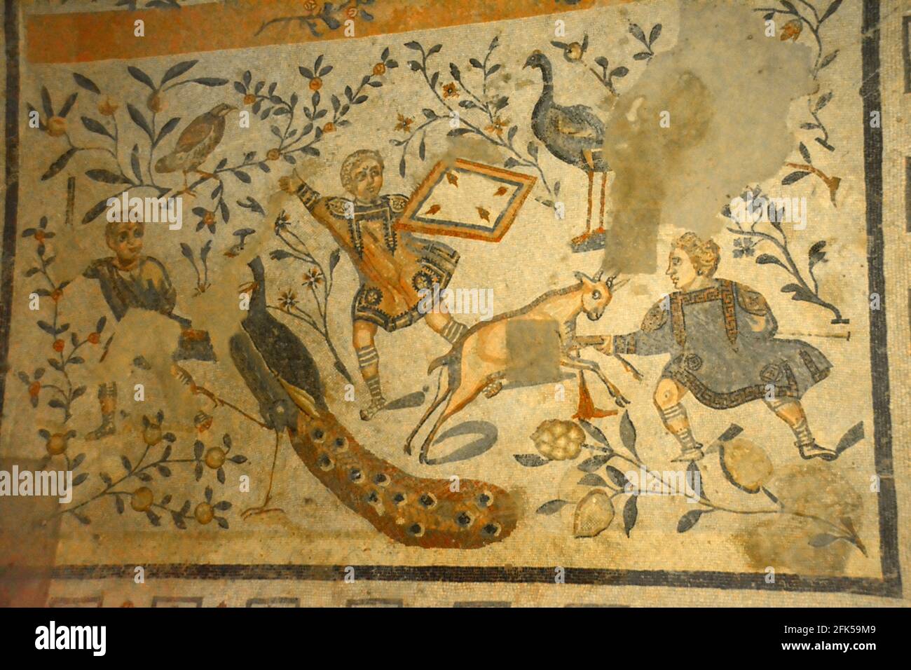 Antico mosaico romano di un ragazzo che spearing una capra con un pavone. Dai mosaici antichi romani, patrimonio dell'umanità dell'UNESCO, nella Villa Romana del Casale, in Sicilia Foto Stock