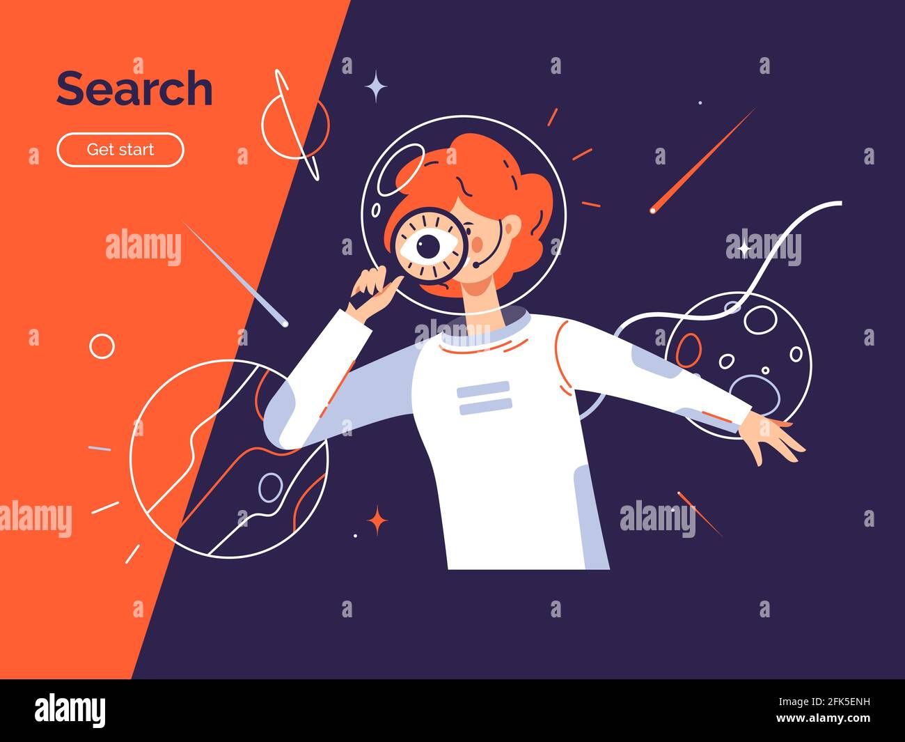 Concetto di ricerca. Illustrazione vettoriale che raffigura una giovane donna nella tuta dell'astronauta utilizzando una lente di ingrandimento Illustrazione Vettoriale