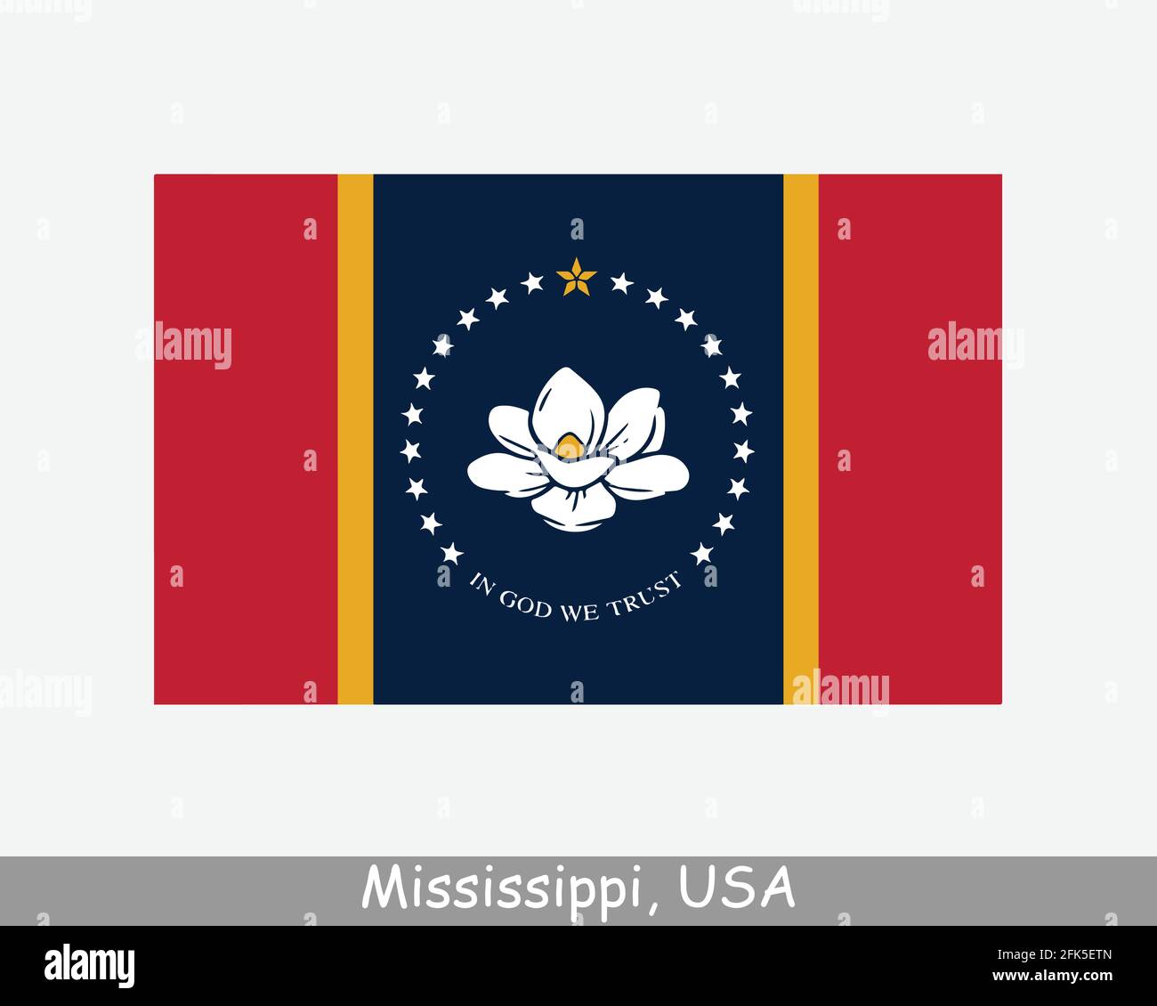 Bandiera dello stato del Mississippi USA. Bandiera di SM, Stati Uniti isolati su sfondo bianco. Stati Uniti, America, Stati Uniti, Stati Uniti. Vettore Illustrazione Vettoriale
