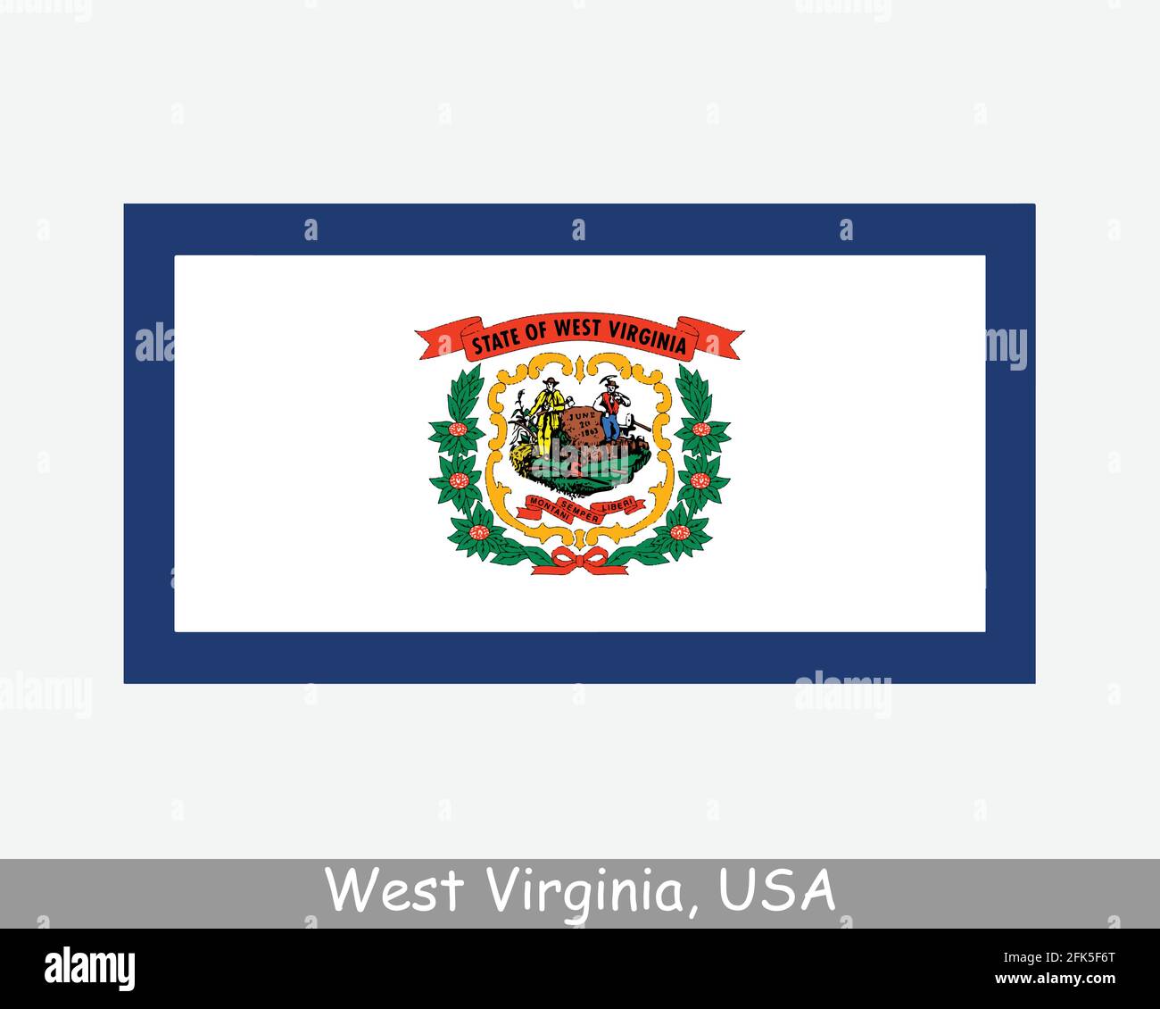 Bandiera di stato degli Stati Uniti della Virginia Occidentale. Bandiera di WV, Stati Uniti isolati su sfondo bianco. Stati Uniti, America, Stati Uniti, Stati Uniti. Vect Illustrazione Vettoriale