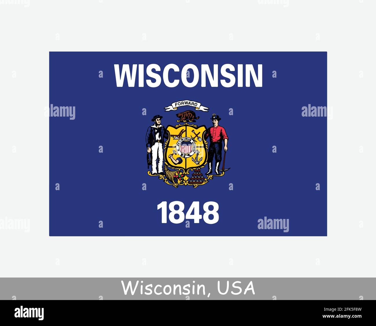 Bandiera dello stato del Wisconsin USA. Bandiera DI WI, Stati Uniti isolati su sfondo bianco. Stati Uniti, America, Stati Uniti, Stati Uniti. Vettore i Illustrazione Vettoriale