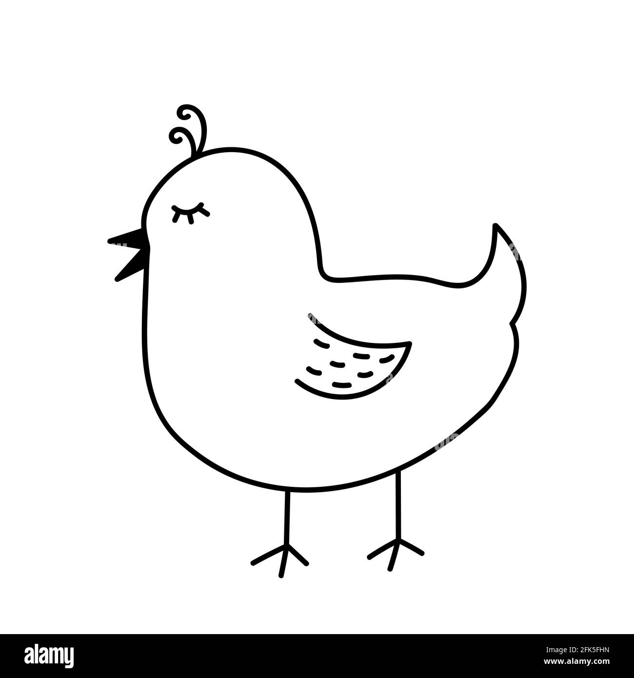 Carino pollo cartoon isolato su sfondo bianco. Illustrazione vettoriale disegnata a mano in stile doodle. Adatto per disegni pasquali, schede, decorazioni. Illustrazione Vettoriale