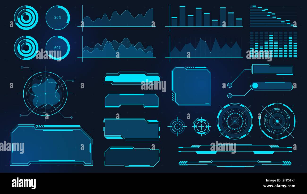 Grafici cyberpunk. Grafici digitali futuristici, barre, diagrammi e cornici per interfaccia utente, HUD e GUI. Set di forme d'onda audio, bordi e vettori di pulsanti Techno Illustrazione Vettoriale