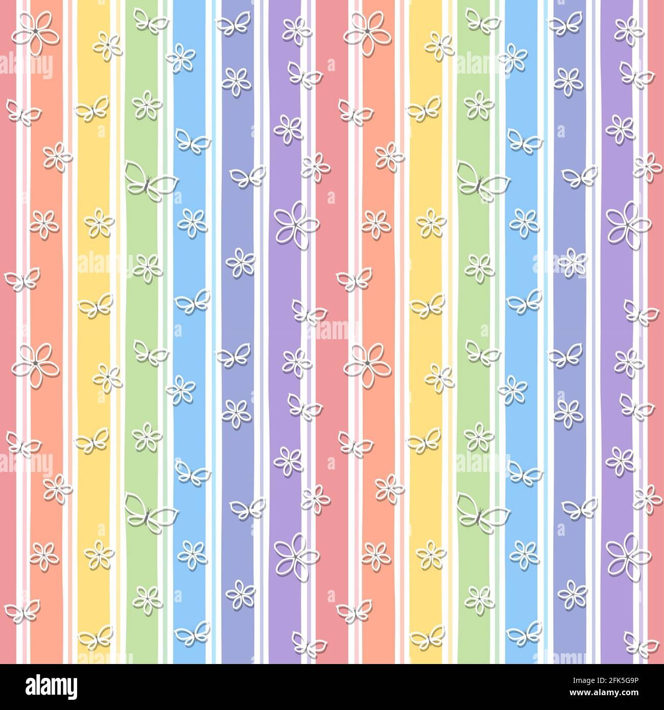 Motivo senza cuciture con farfalle e fiori sullo sfondo di colori arcobaleno. Illustrazione di Cartoon flat style.Vector Foto Stock