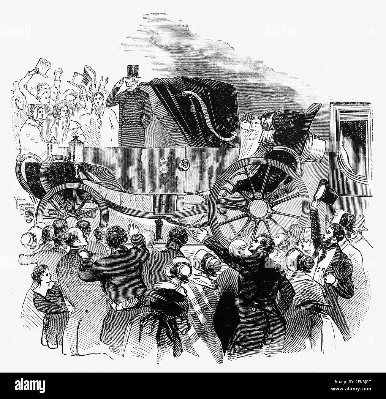 Il Duca di Wellington passando attraverso la stazione ferroviaria di Rugby nel Warwickshire, Inghilterra nel 1843. Arthur Wellesley, 1° duca di Wellington (1769-1852), fu un soldato anglo-irlandese che terminò le guerre napoleoniche quando sconfisse Napoleone nella battaglia di Waterloo nel 1815. In seguito divenne uno statista di Tory che serviva due volte come primo ministro. Foto Stock
