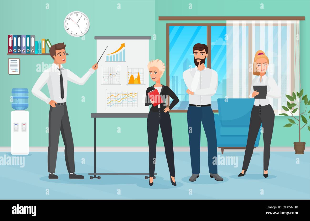 Presentazione del gruppo di persone d'affari in ufficio, riunione della conferenza di formazione del team finanziario Illustrazione Vettoriale