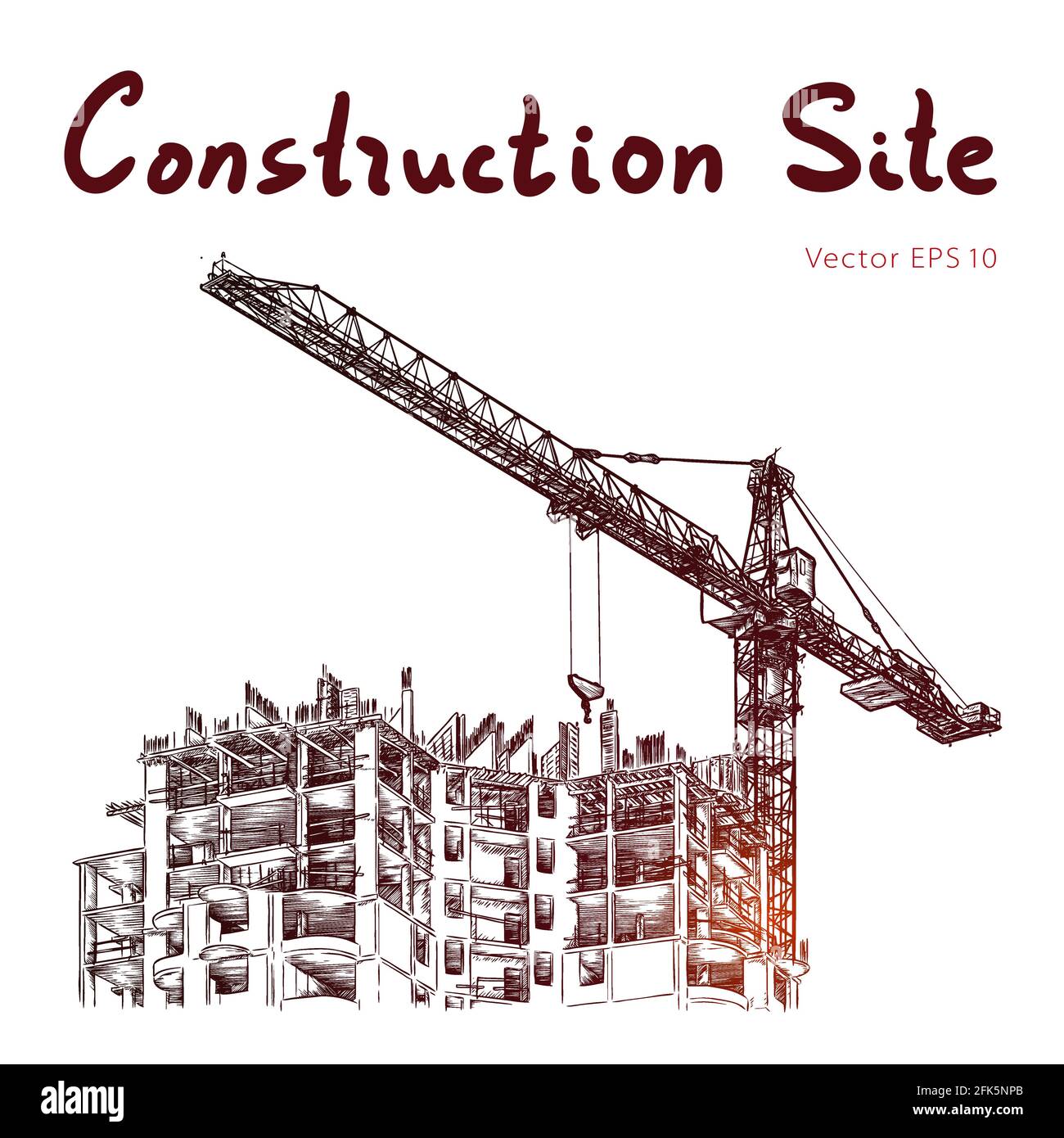 Costruzione di costruzione illustrazione. Cantiere e gru a torre Illustrazione Vettoriale