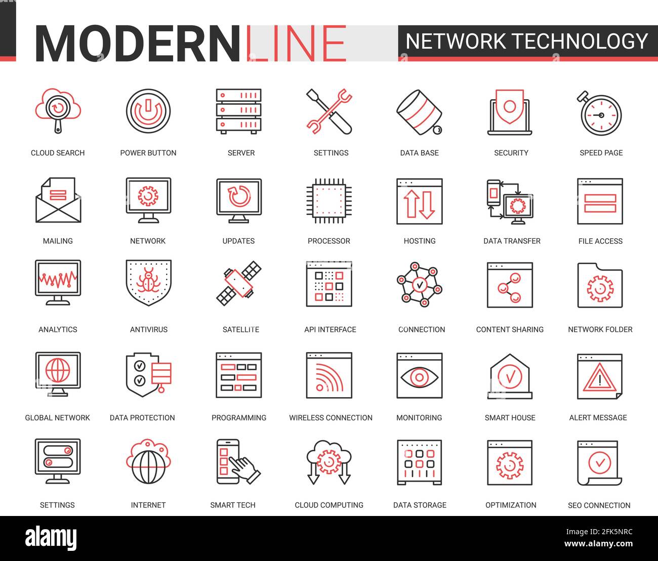 Tecnologia di rete icone di linee di contorno rosse nere illustrazione vettoriale Illustrazione Vettoriale