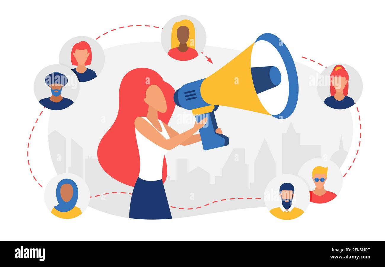 Social media, programma di riferimento con influencer donna e megafono Illustrazione Vettoriale