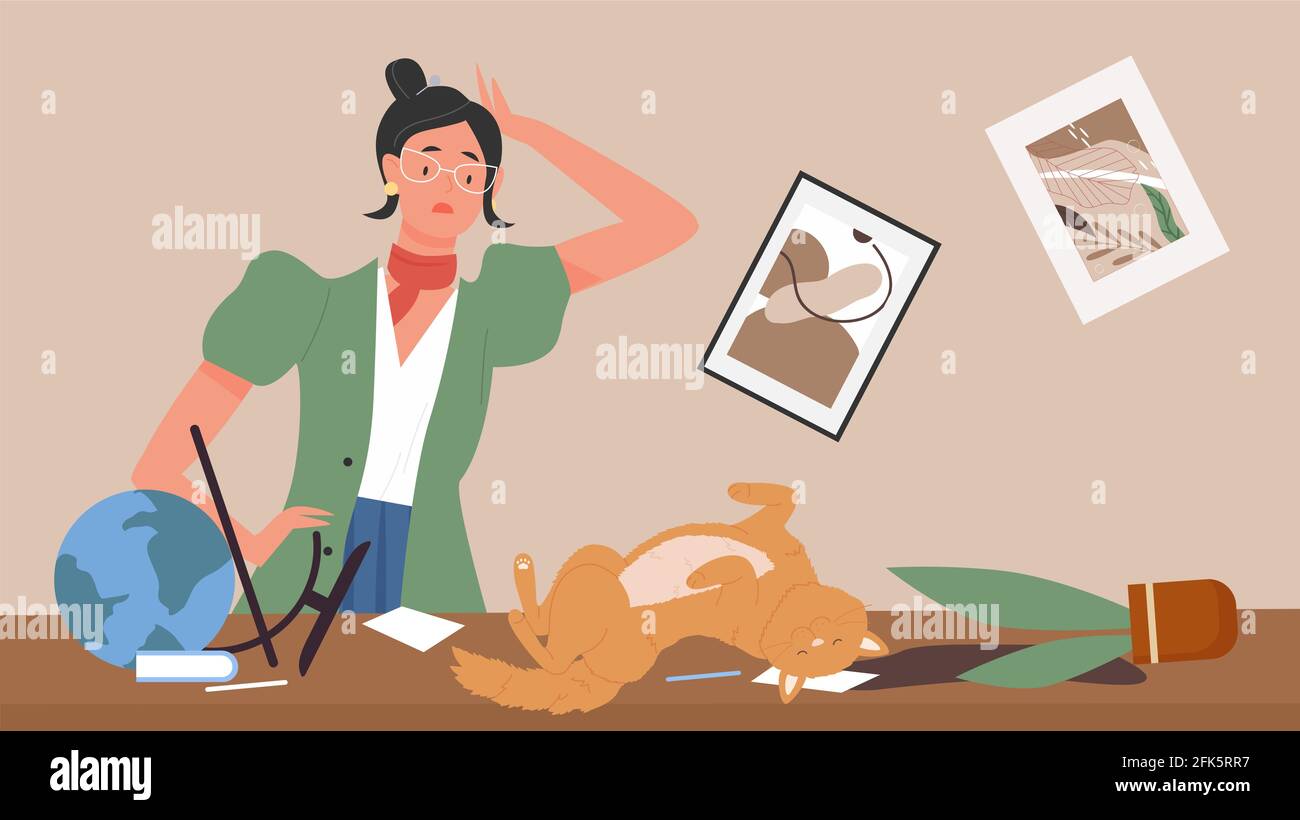 Gatto animale domestico fare pasticcio a casa, giovane donna animale domestico proprietario scolding carino gattino Illustrazione Vettoriale