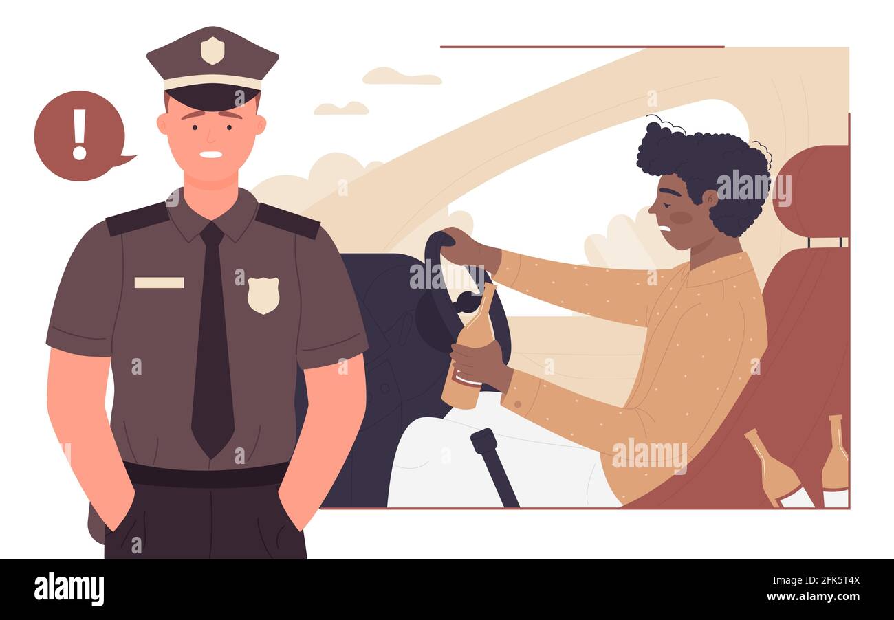 Smettere di bere bevande alcoliche, giovane conducente ubriaco guida, poliziotto avviso di pericolo Illustrazione Vettoriale