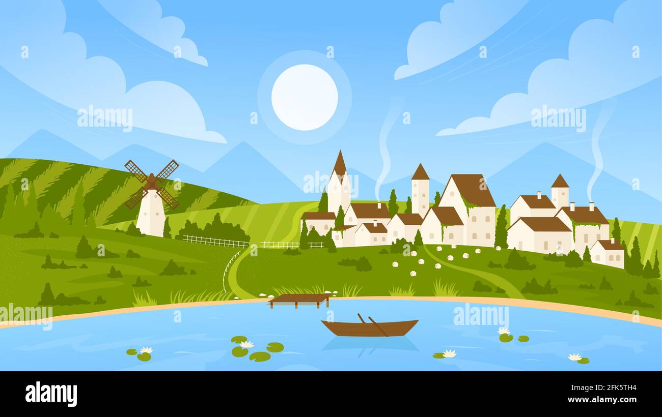 Estate soleggiato giorno paesaggio, campagna villaggio scenario con case coloniche, mulino a vento, lago Illustrazione Vettoriale