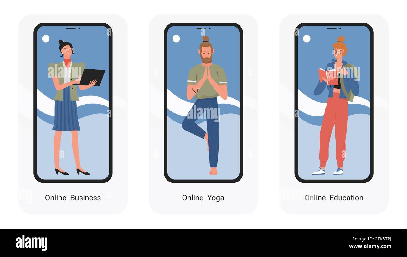 Professioni e professioni online, utenti professionisti UX, UI mobile app page set Illustrazione Vettoriale