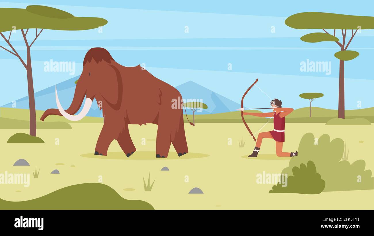 Le persone primitive cacciano mammut, l'uomo in età sasso caccia con arco e freccia su animale antico Illustrazione Vettoriale