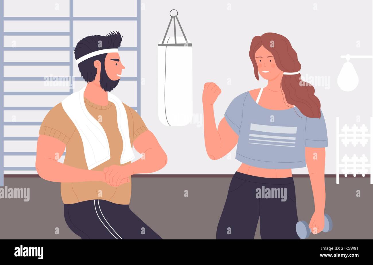 Sport palestra fitness coppia, giovane donna sportiva attiva uomo in piedi, parlando Illustrazione Vettoriale