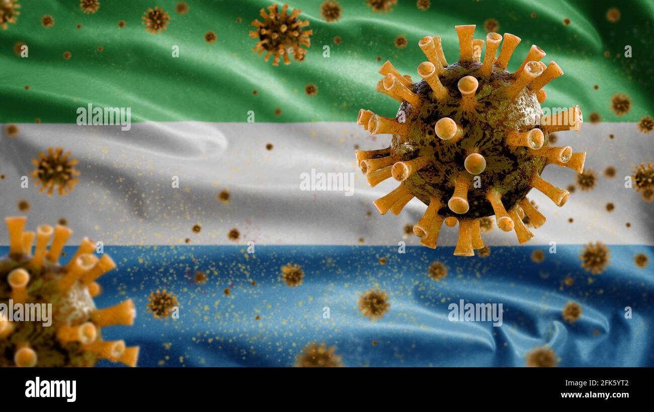 3D, bandiera della Sierra Leone che sventola con l'epidemia di coronavirus che infettano il sistema respiratorio come influenza pericolosa. Virus di tipo influenzale Covid 19 con sale nazionale Foto Stock