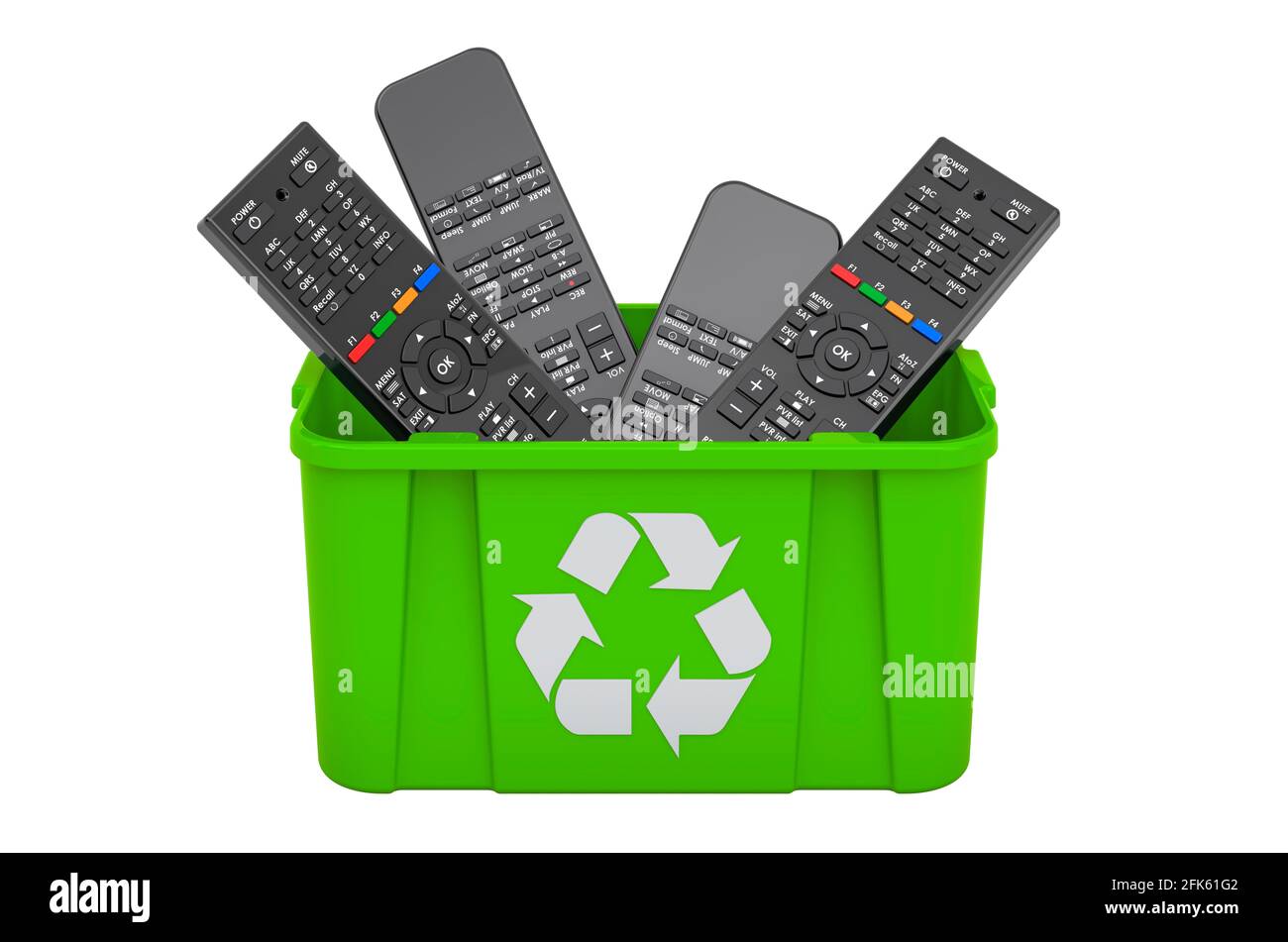 Riciclaggio del trashcan con telecomando TV. Rendering 3D isolato su sfondo bianco Foto Stock