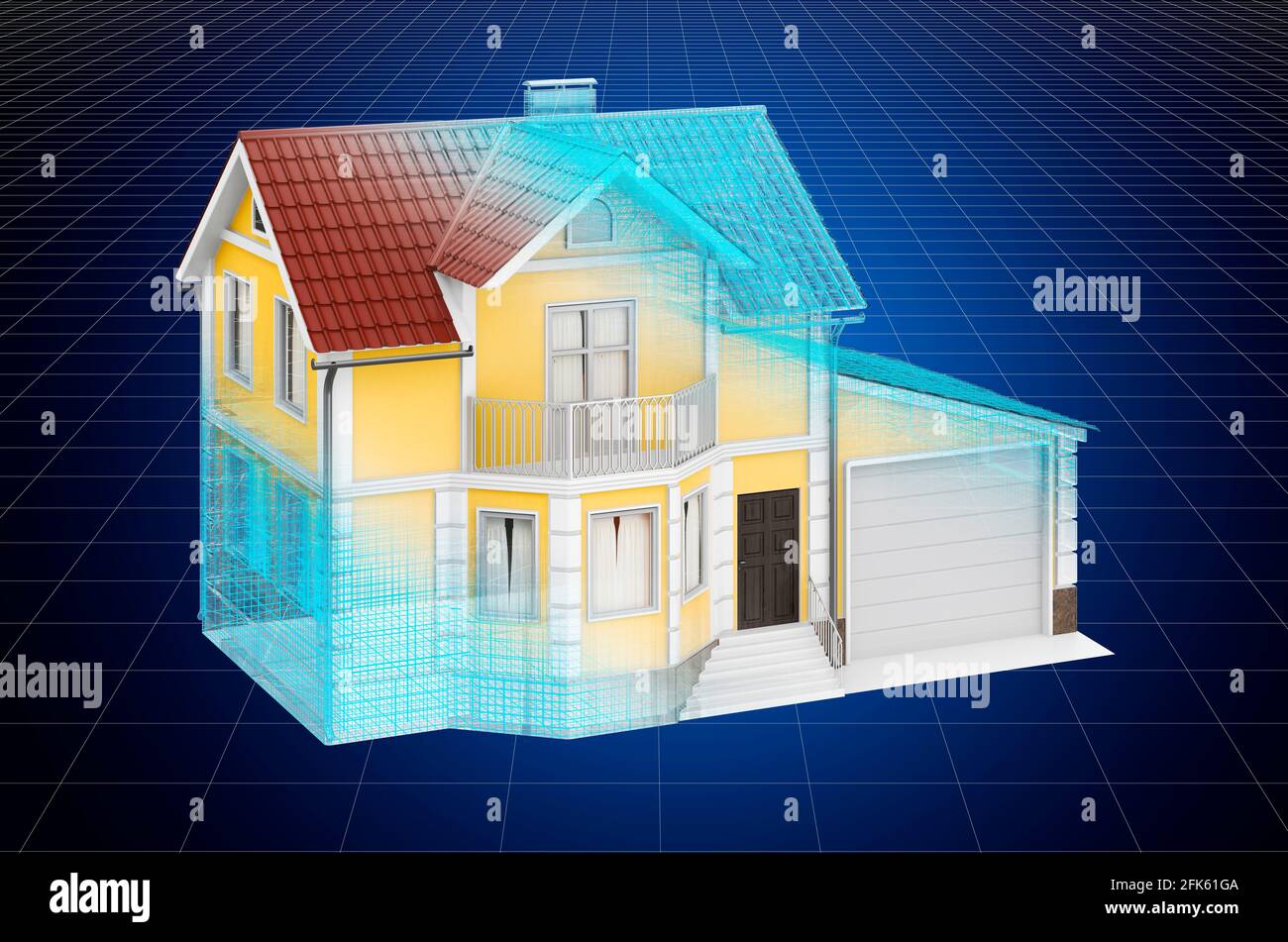 Visualizzazione modello cad 3d di casa, blueprint. Rendering 3D Foto Stock