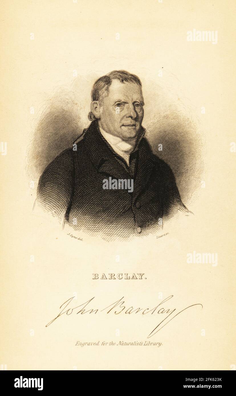 Ritratto di John Barclay, 1758-1826, anatomista comparato scozzese e direttore della Highland Society of Scotland. Incisione in acciaio di Lizars dopo un'illustrazione di John Syme da Marsupialia di George Robert Waterhouse o pouched Animals, Volume XI della Naturalist’s Library, W. H. Lizars, Edimburgo, 1841. Waterhouse (1810-1888) fu curatore presso il museo della Zoological Society of London. Foto Stock