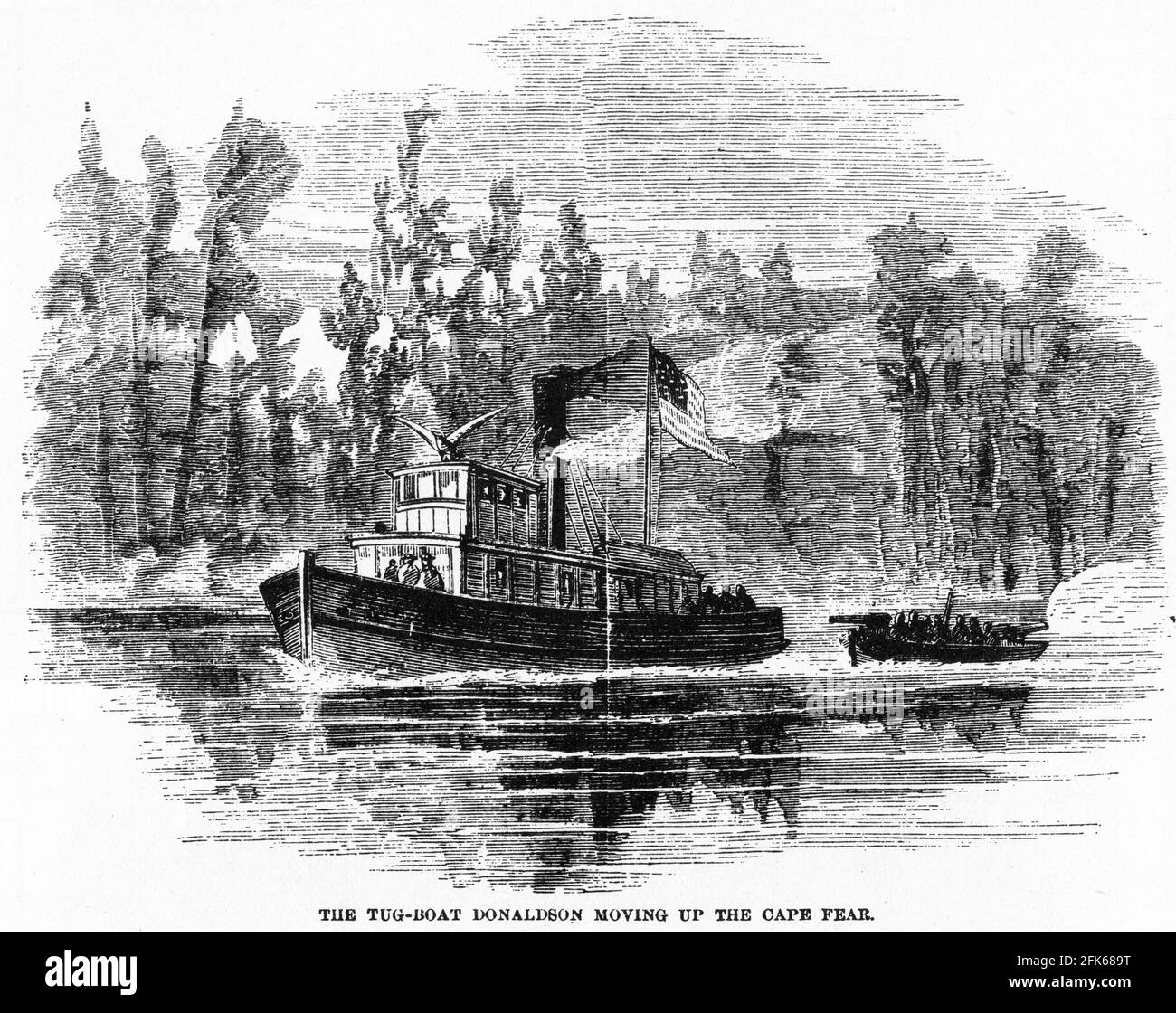 Incisione del rimorchiatore dell'Unione Donaldson che si muove su Cape Fear durante la guerra civile americana: Foto Stock