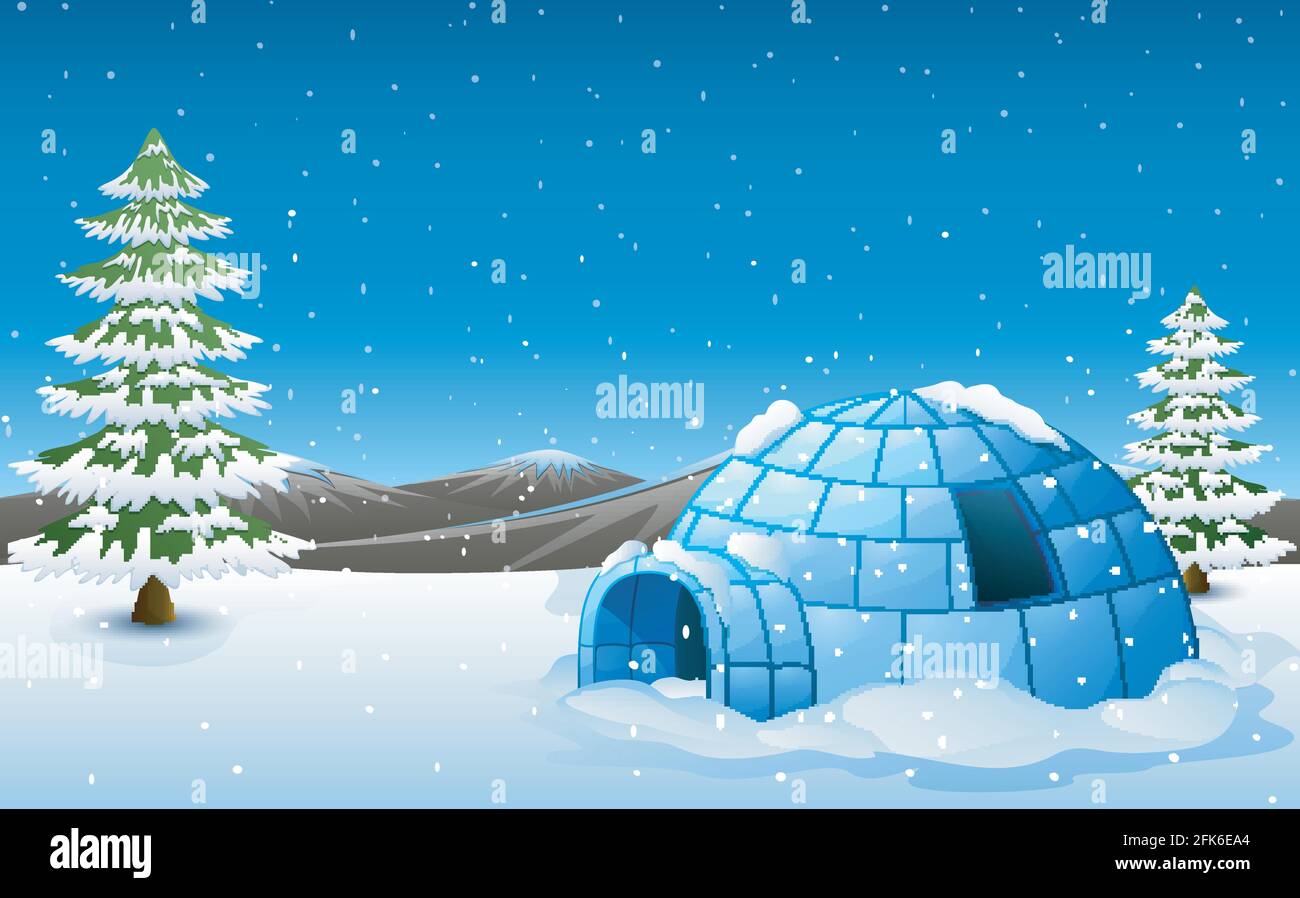 Illustrazione vettoriale di Igloo con abeti e montagne in illustrazione invernale Illustrazione Vettoriale