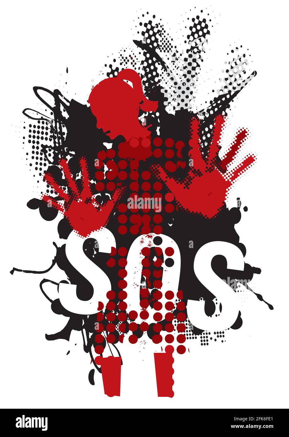 Donna giovane abusata, SOS violenza. Grunge silhouette stilizzata donna con braccia in posizione difensiva e iscrizione SOS. Vettore disponibile. Illustrazione Vettoriale