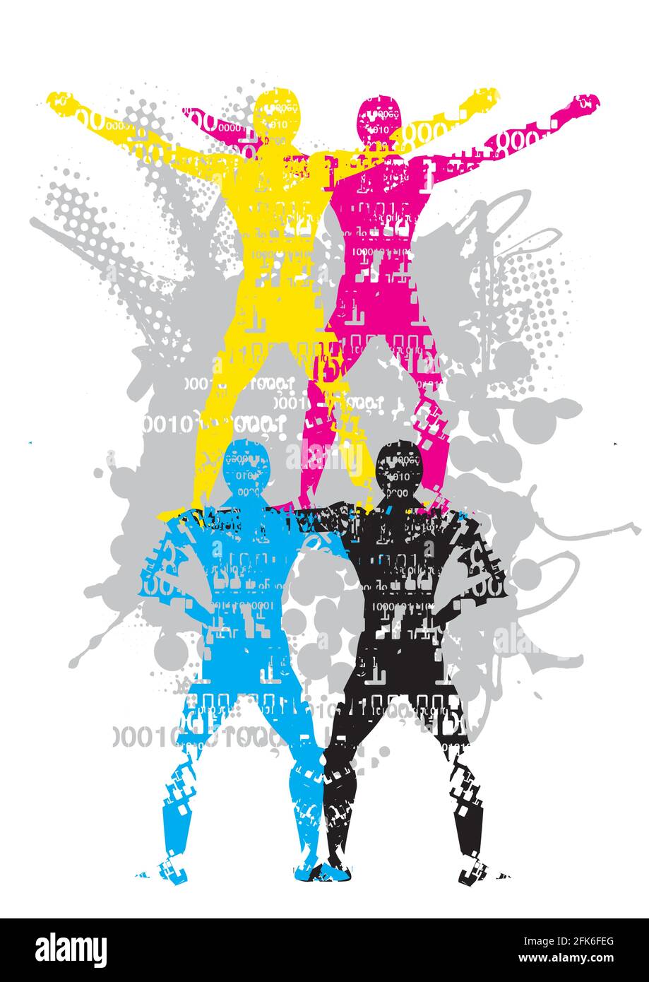 Stampa a colori silhouette team. Quattro silhouette maschili in una posa acrobatica. Grunge stilizzato nei colori di stampa. Vettore disponibile. Illustrazione Vettoriale