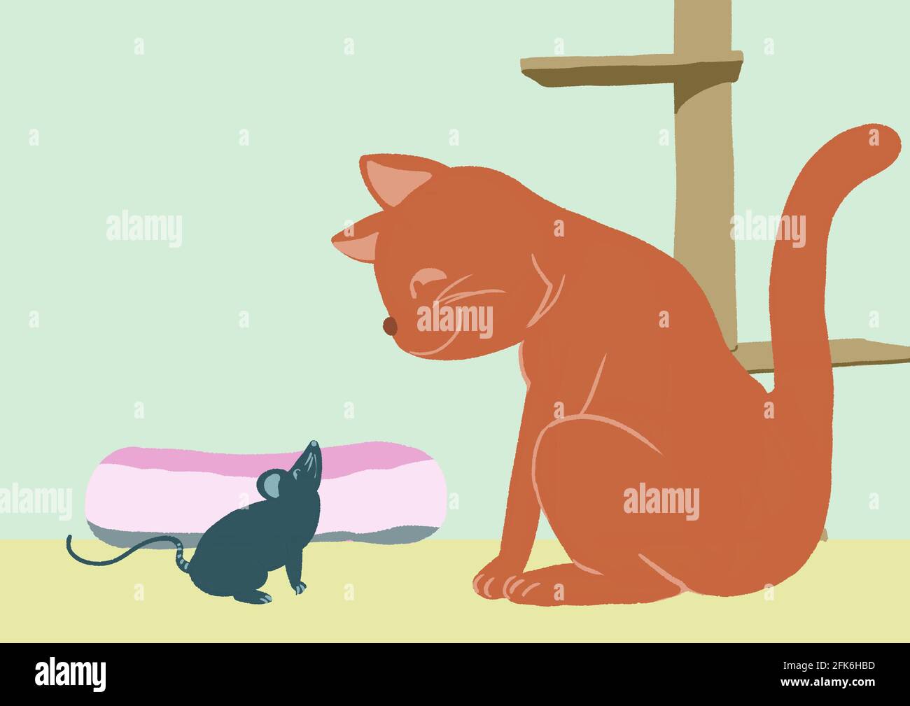 Illustrazione di un mouse e di un gatto rivolti l'uno verso l'altro. Foto Stock