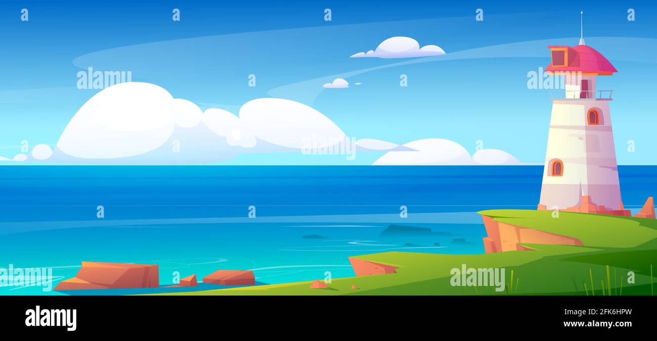 Faro sulla riva del mare, faro edificio a paesaggio natura paesaggio oceano con acqua blu e costa rocciosa sotto il cielo nuvoloso. Marinaio nautico, luce di sicurezza marina a vela, illustrazione vettoriale Cartoon Illustrazione Vettoriale