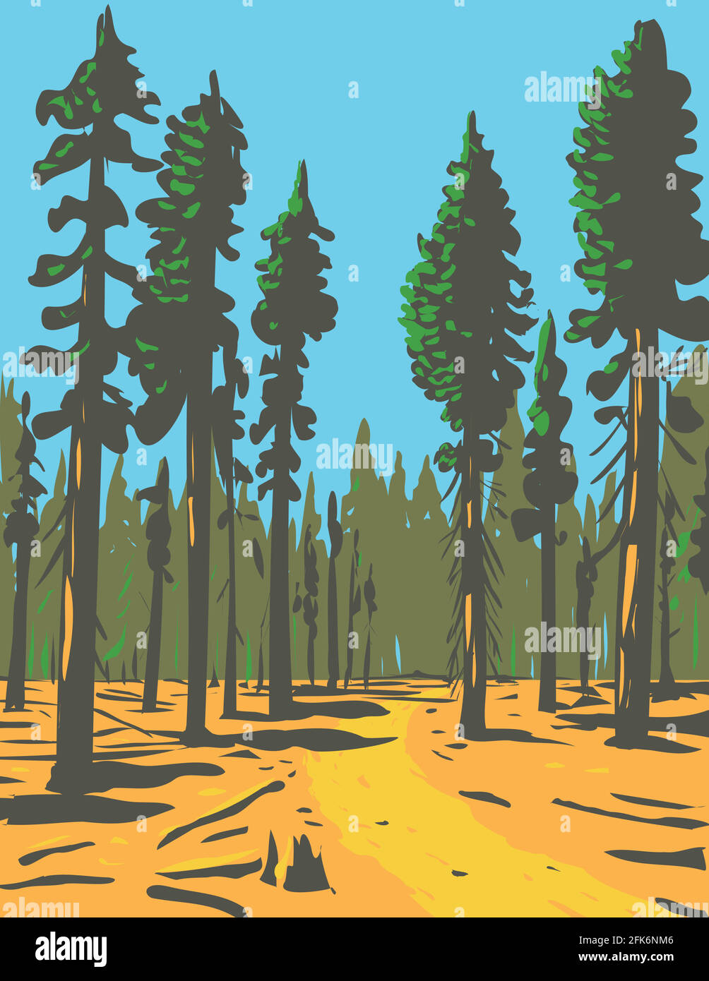 WPA Poster Art di sequoie giganti che crescono nel General Grant Trail and Grove, una sezione del Greater Kings Canyon National Park situato in California Illustrazione Vettoriale
