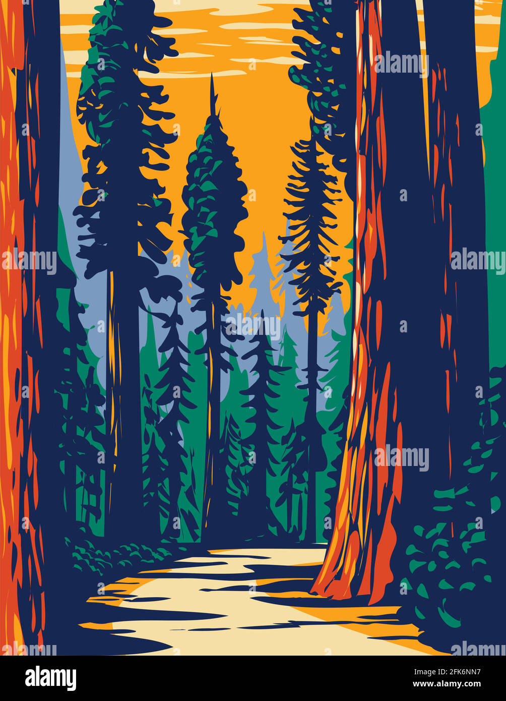 WPA Poster Art of the Simpson-Reed Grove of Coast Redwoods Situato nel Jedediah Smith state Park, parte del Redwood National E parchi statali in California Illustrazione Vettoriale