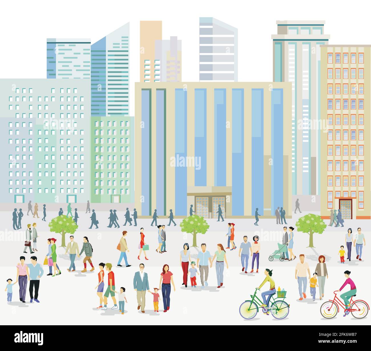 Grande città con persone sul marciapiede illustrazione Illustrazione Vettoriale