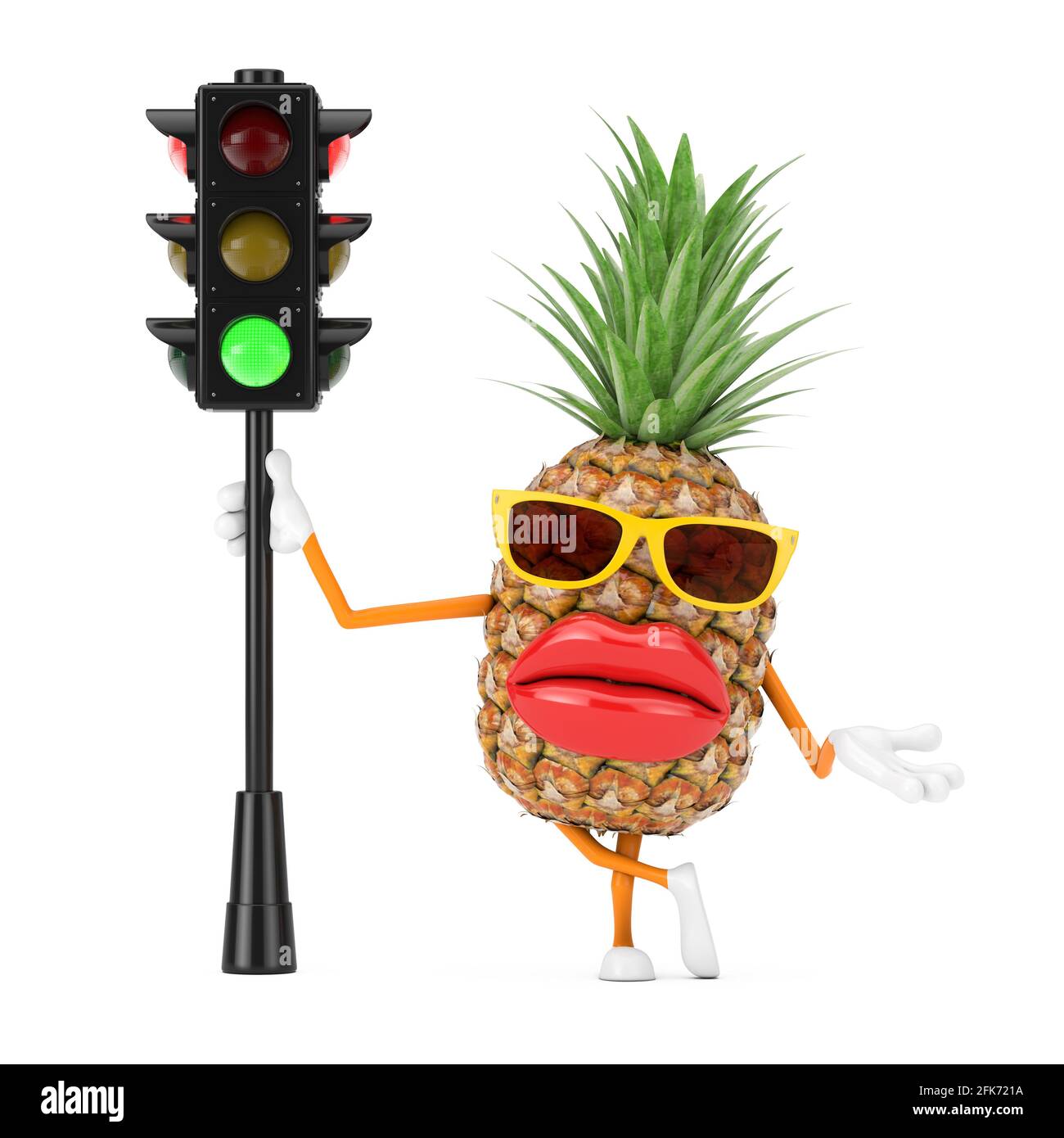 Fun Cartoon Fashion Hipster Cut Pineapple persona personaggio Mascot con Traffic Green Light su sfondo bianco. Rendering 3d Foto Stock