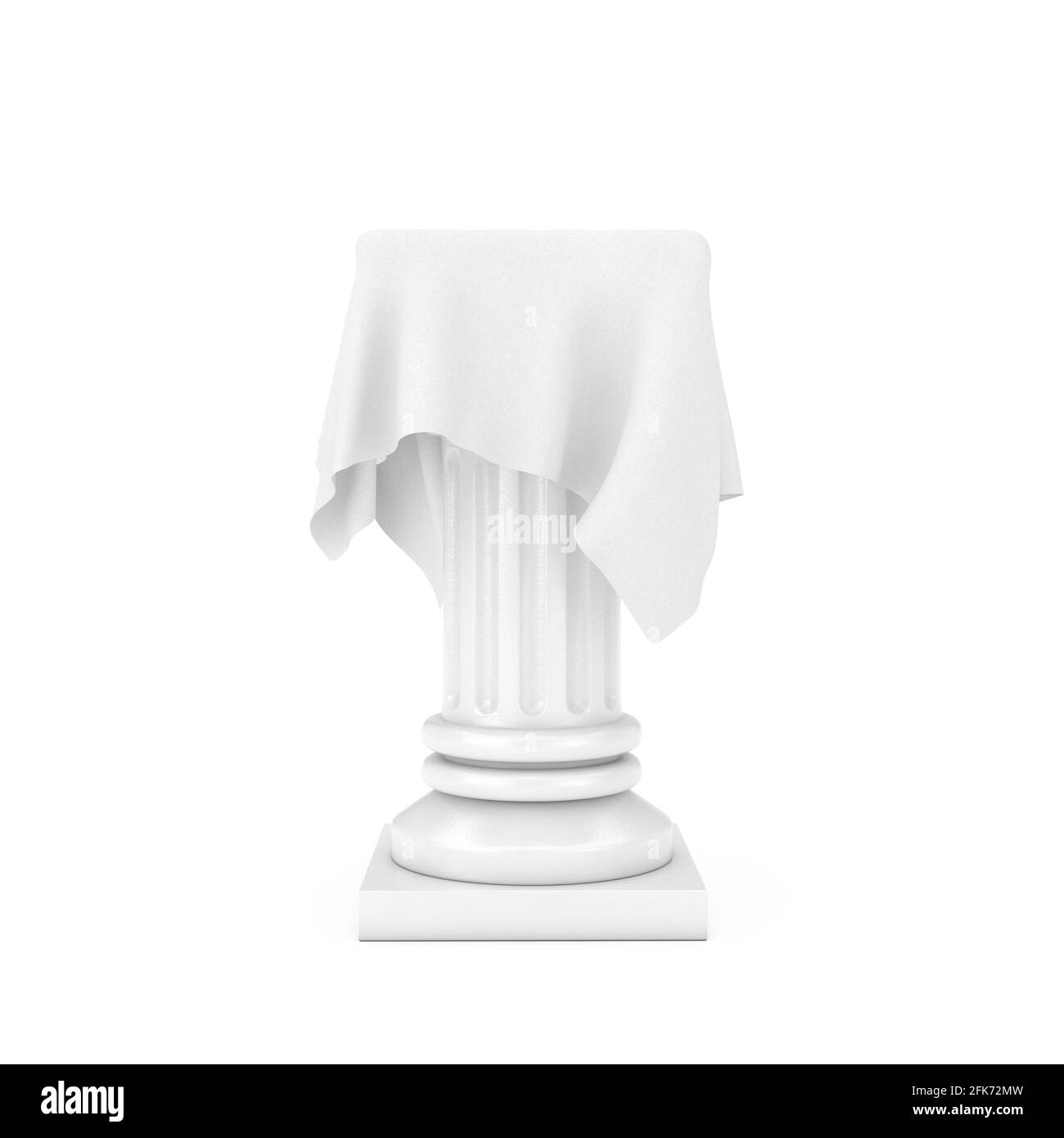 Colonna per presentazioni bianca con panno in seta in stile Clay su sfondo bianco. Rendering 3d Foto Stock