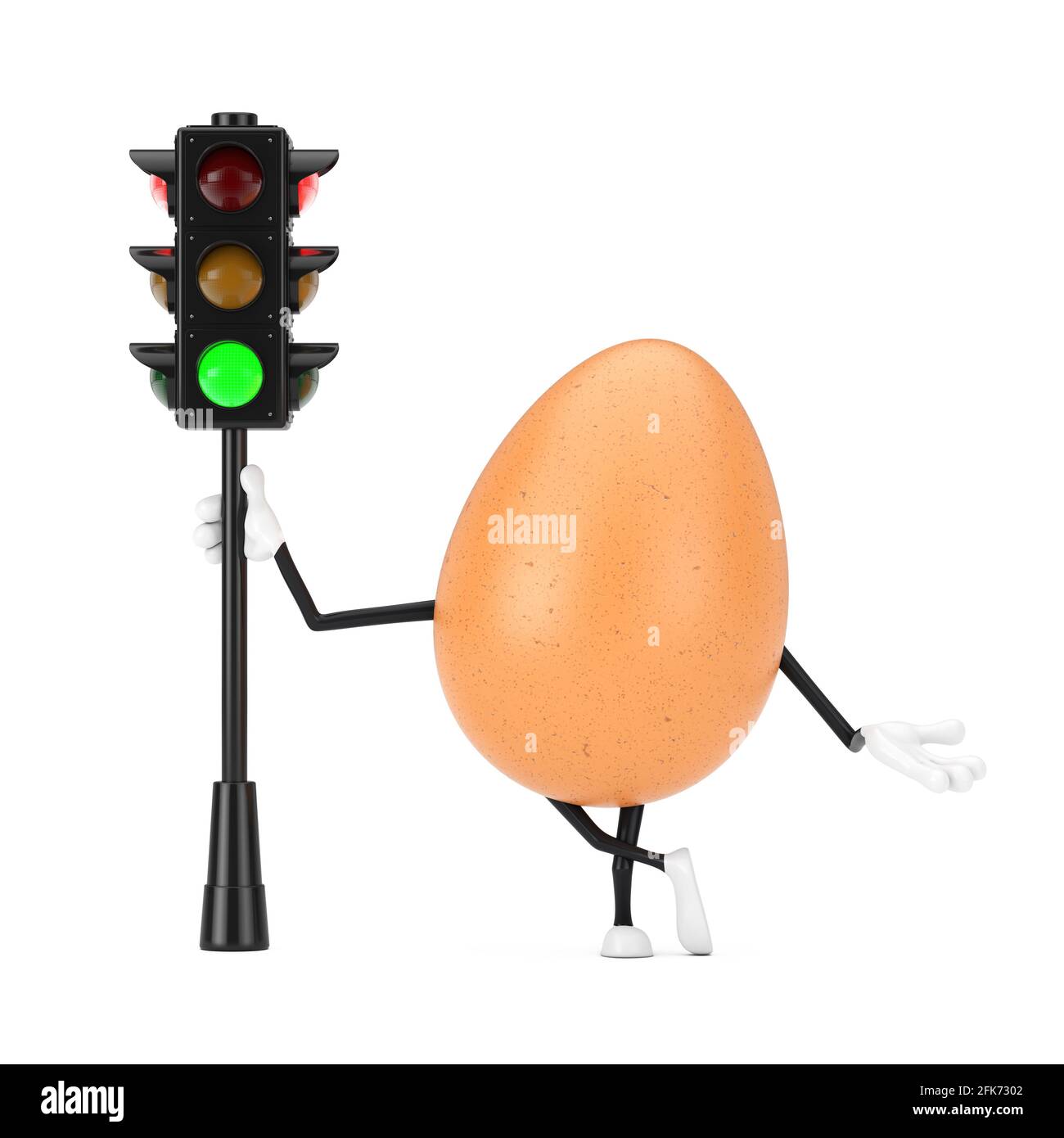 Brown Chicken Egg persona personaggio Mascot con Traffic Green Light su sfondo bianco. Rendering 3d Foto Stock