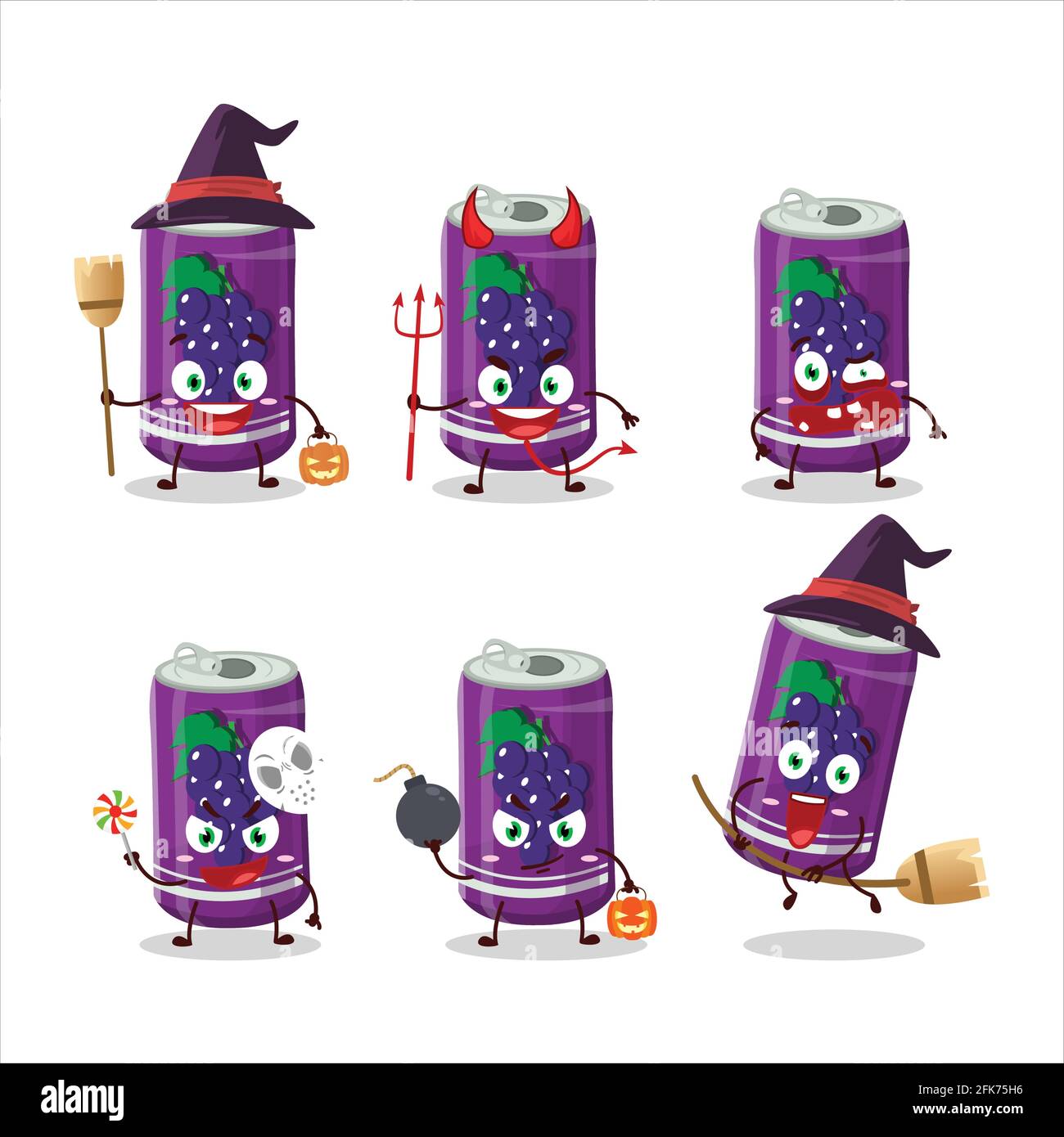 Halloween espressione emoticon con cartoon carattere di uva soda lattina. Illustrazione vettoriale Illustrazione Vettoriale