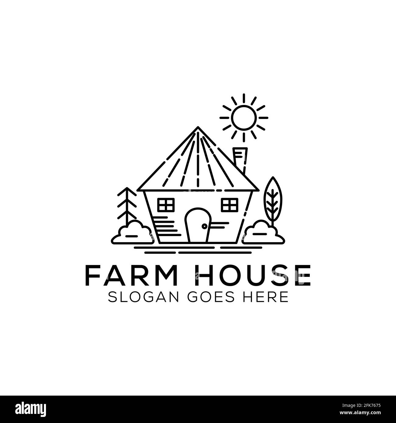 Illustrazione del design del logo Outline Farm House. Vettore paesaggistico per prodotti naturali di fattoria. Icona del logo del profilo Illustrazione vettoriale. Illustrazione Vettoriale