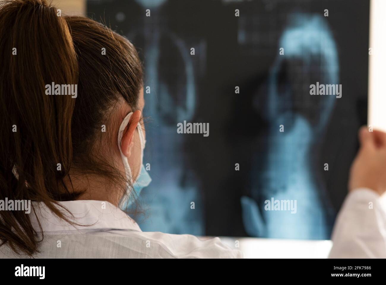 Giovane medico femminile controlla un radiografia. Vista dal retro. Foto Stock