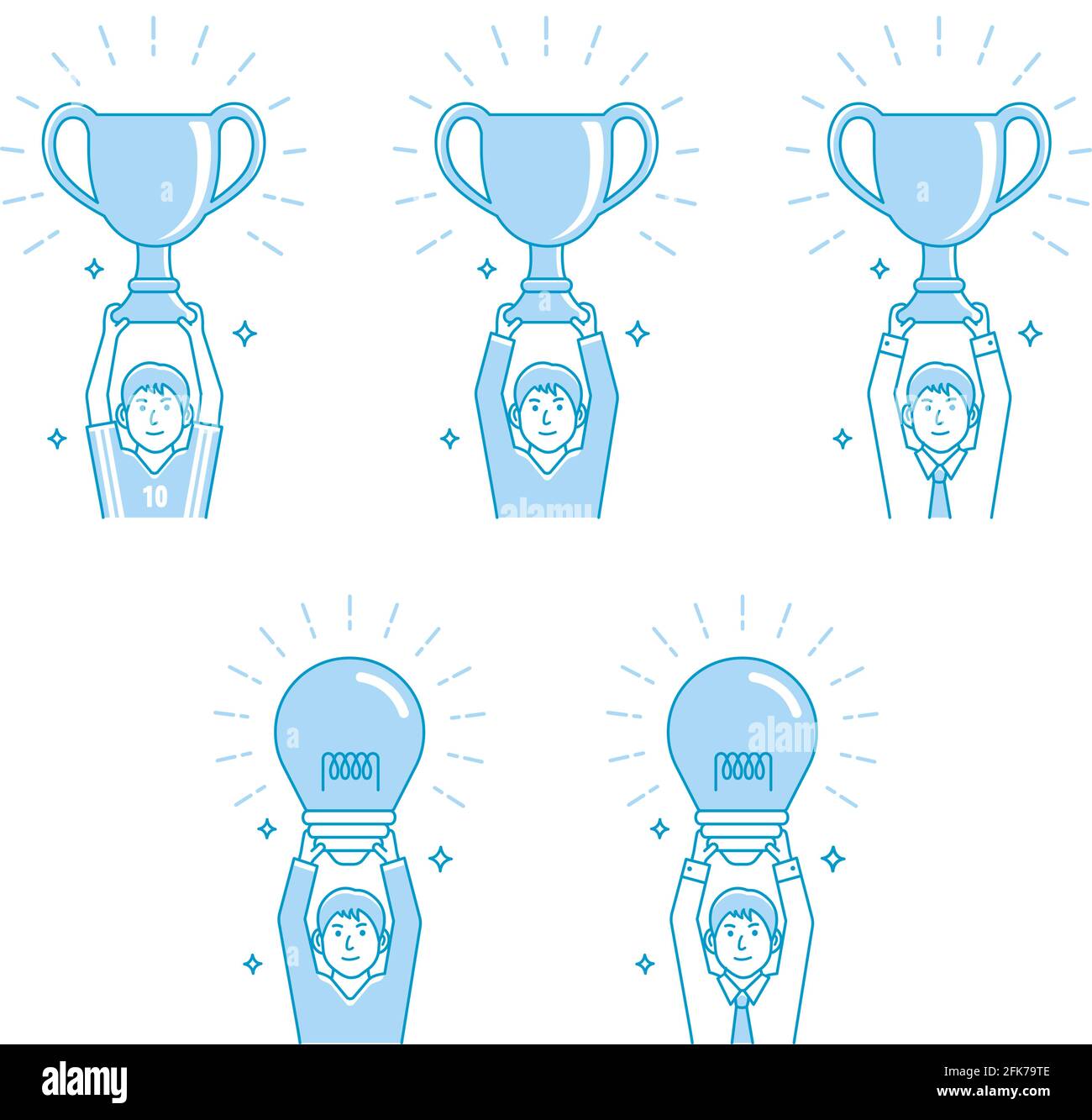 Illustrazione vettoriale insieme di uomini che tengono trofeo e bulbo luminoso. Illustrazione Vettoriale