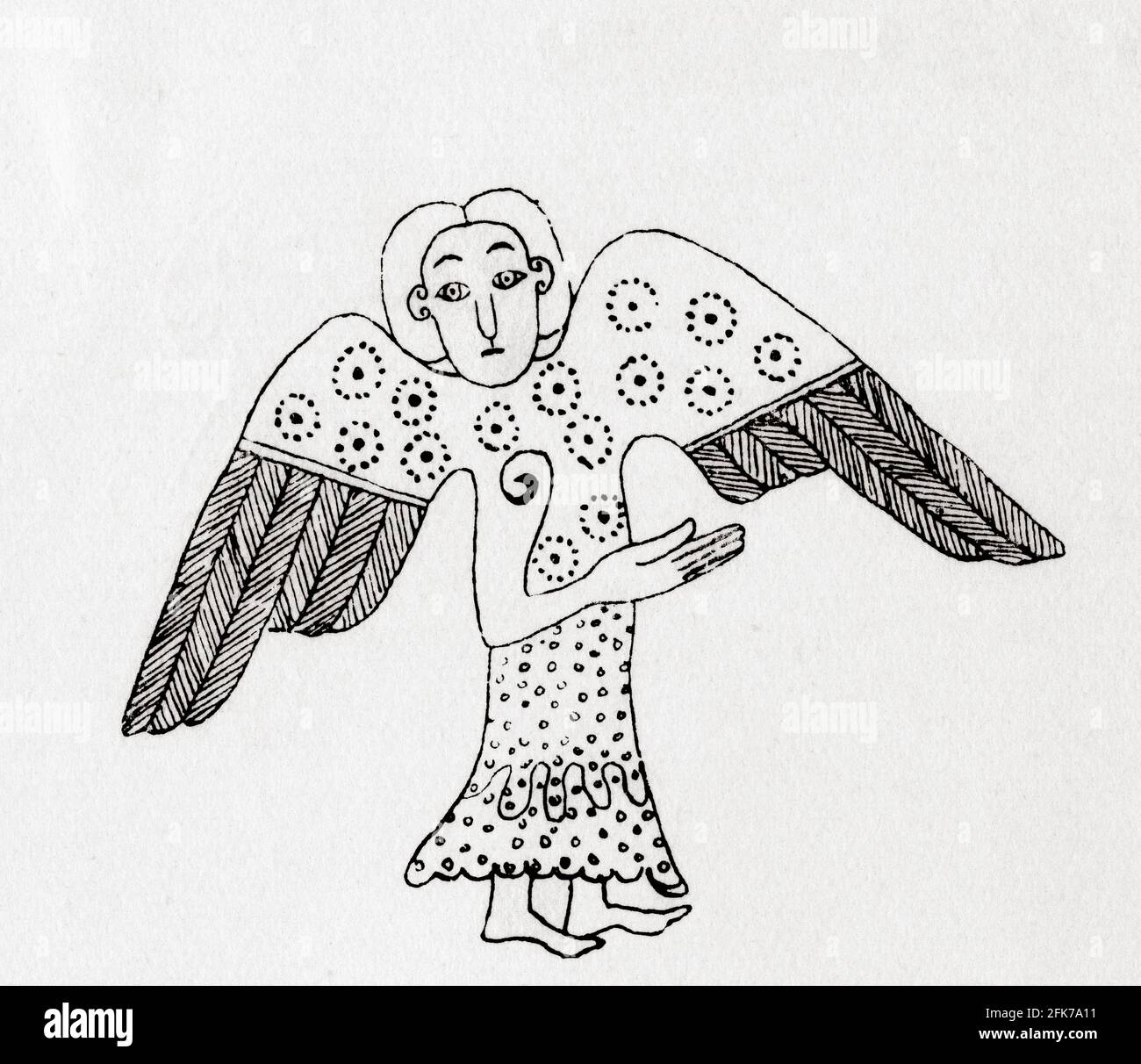 Il simbolo di San Matteo dai Vangeli di Lichfield aka i Vangeli di San Ciad, il Libro del Ciad, i Vangeli di San Ciad, i Vangeli di San Teilo e i Vangeli di Llandeilo. Da Everday Life in Anglo-Saxon, Viking e Norman Times, pubblicato nel 1926. Foto Stock