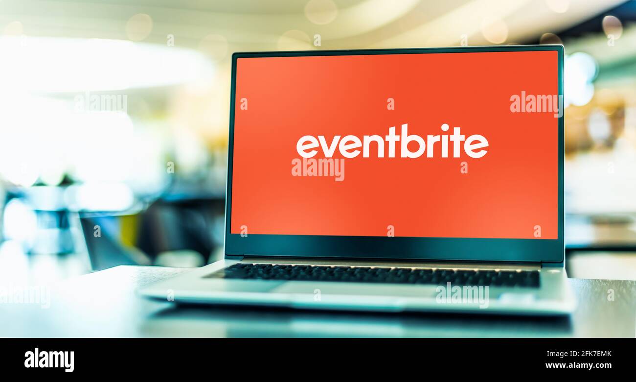 POZNAN, POL - MAR 15, 2021: Computer portatile con logo di Eventbrite, un sito web americano di gestione eventi e ticketing Foto Stock