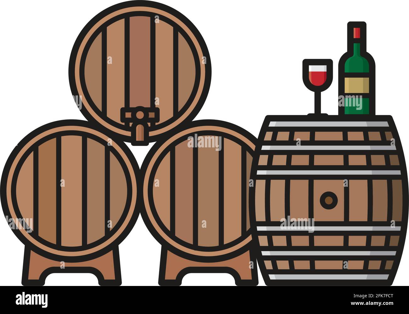 Illustrazione del concetto di degustazione del vino per la Giornata del Turismo del vino il 13 novembre. Botti di vino, bottiglia e vetro simbolo vettoriale isolato. Illustrazione Vettoriale