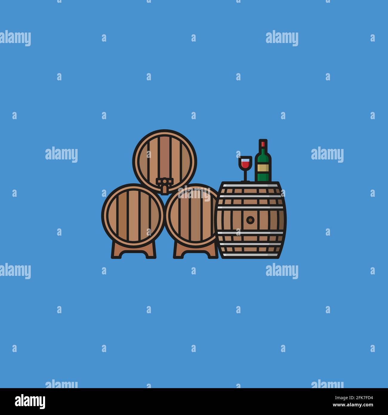 Illustrazione del concetto di degustazione del vino per la Giornata del Turismo del vino il 13 novembre. Barili di vino, bottiglia e simbolo vettoriale di vetro. Illustrazione Vettoriale