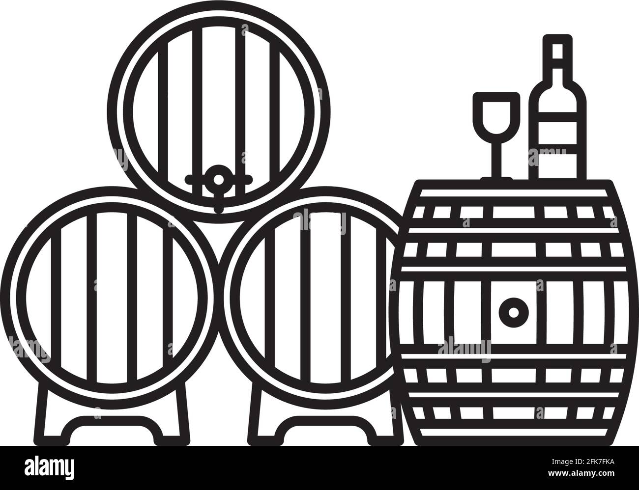 Concept di degustazione di vini icona della linea vettoriale per la Giornata del Turismo del vino il 13 novembre. Barili di vino, bottiglia e vetro simbolo del contorno. Illustrazione Vettoriale