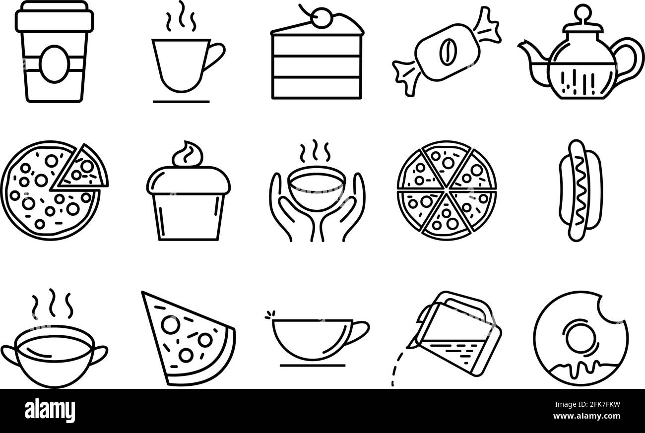 Set di icone della linea fast food. Include fette di pizza, caffè, torta, ciambella, tè, mani con tazza. Illustrazione Vettoriale