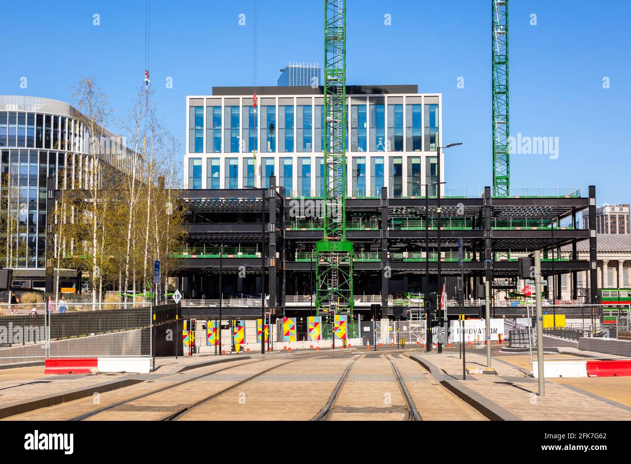 Costruzione di tram, Broad Street, Birmingham, Regno Unito Foto Stock