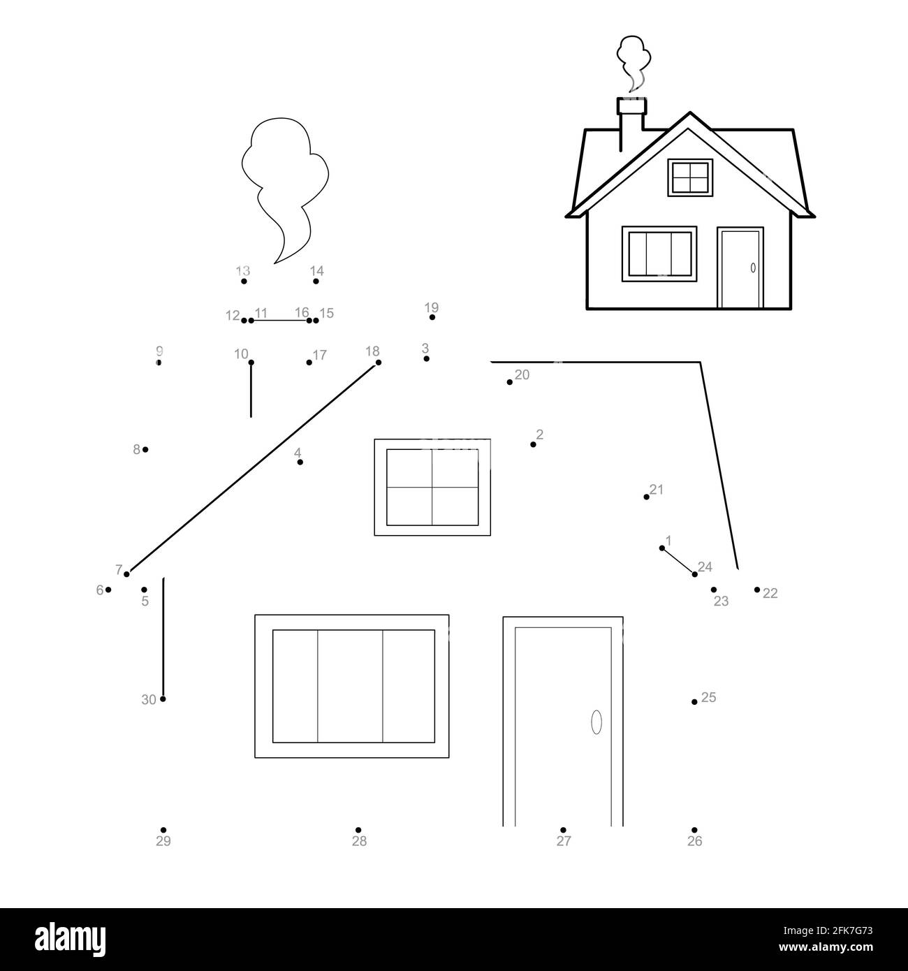 Puzzle punto a punto per i bambini. Collegare il gioco a punti. Illustrazione della casa Foto Stock