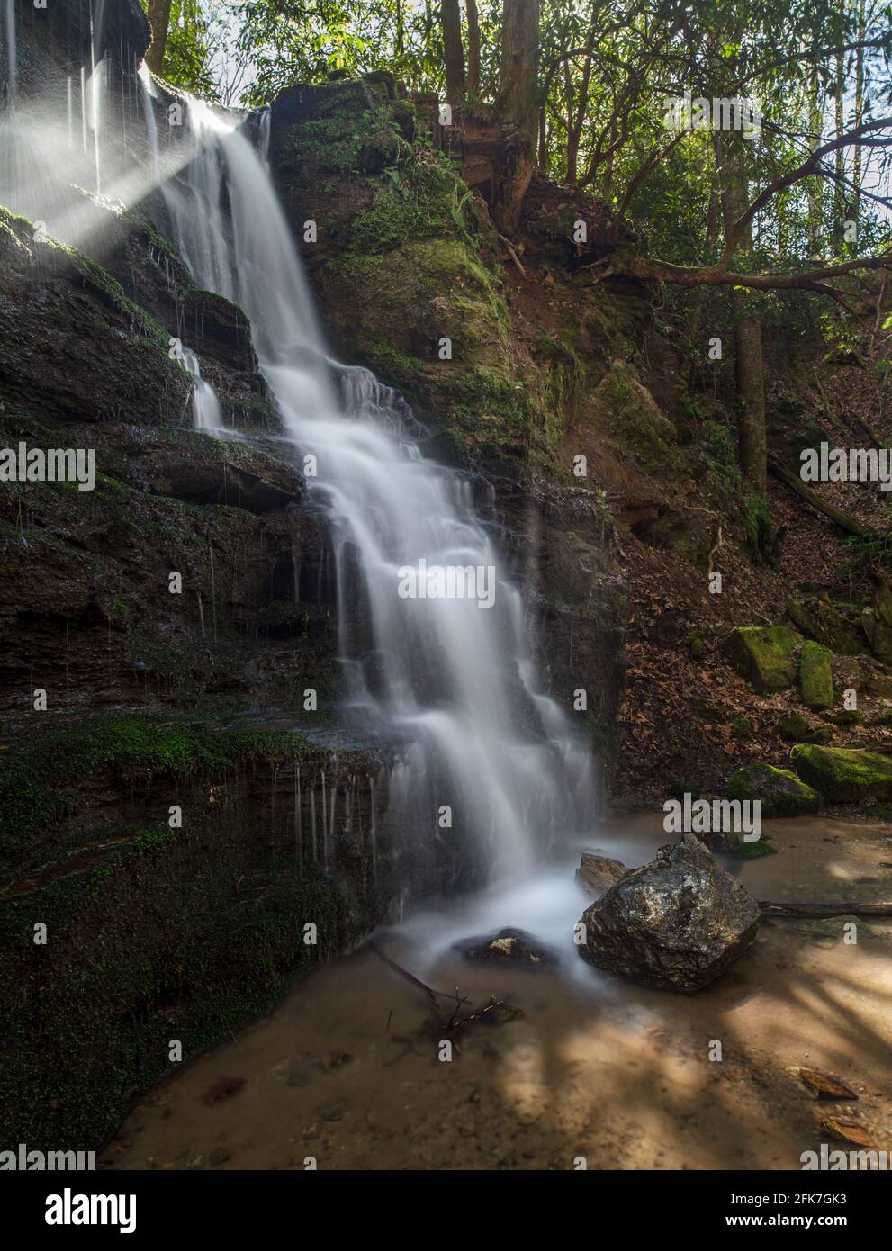 Warwoman Creek Falls, Warwoman Dell - Contea di Rabun, Georgia. Raggi di luce pomeridiani brillano nella piccola valle intorno alle cascate di Warwoman Creek. Foto Stock